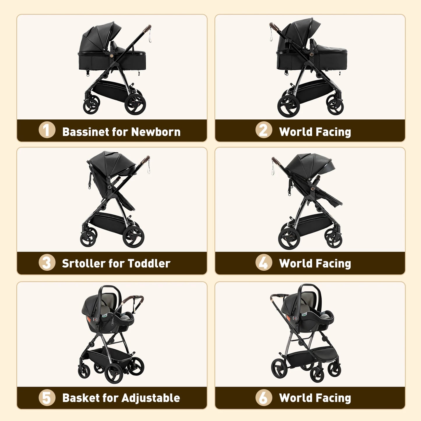 Baby stroller 3 in 1 Baby carriage Portable luxurious travel pram High landscape newborn baby stroller with baby carrier PU
