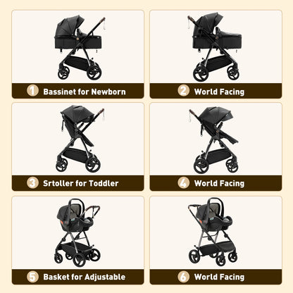 Baby stroller 3 in 1 Baby carriage Portable luxurious travel pram High landscape newborn baby stroller with baby carrier PU