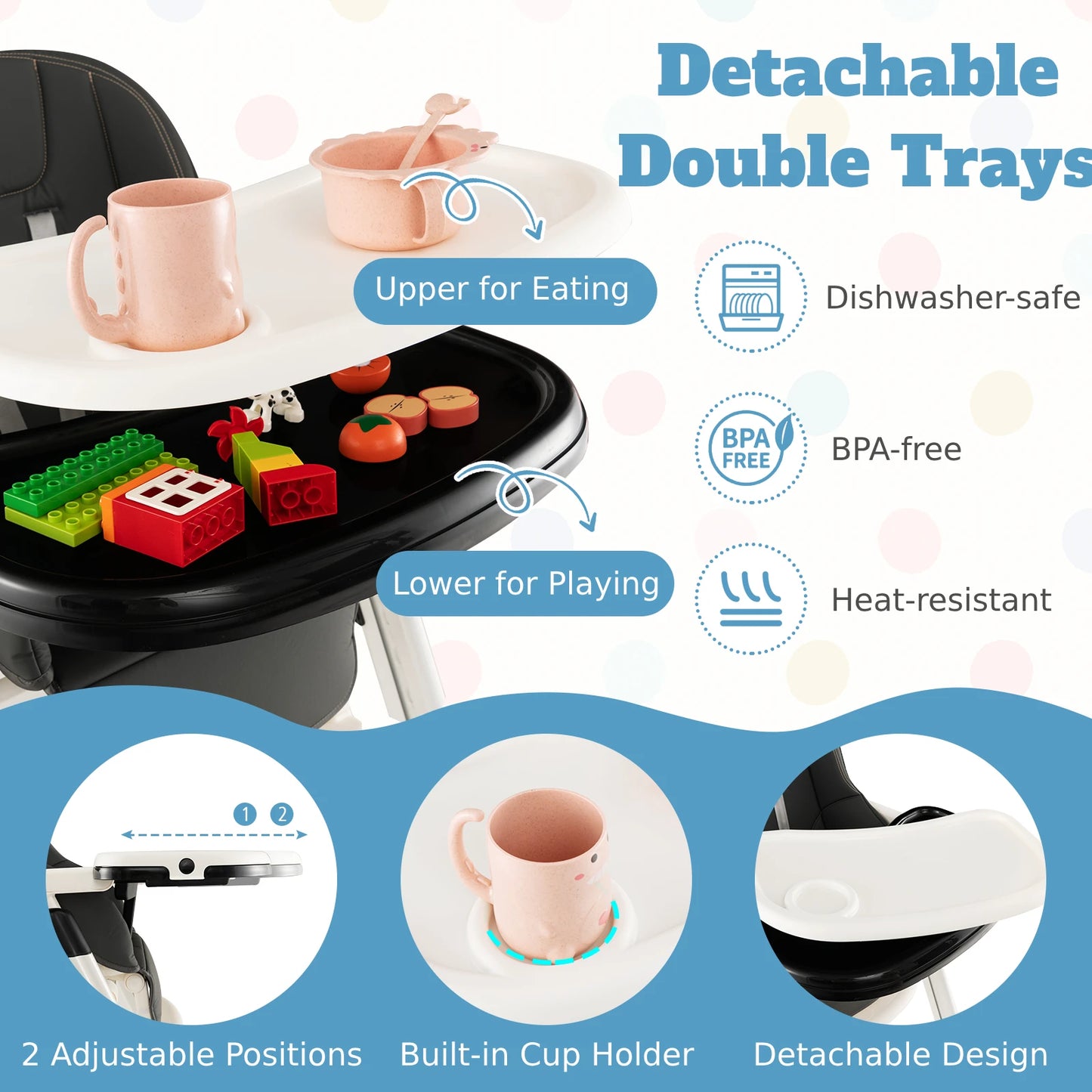 GOFLAME Foldable Baby High Chair Feeding Chair With Recline Backrest Detachable Trays