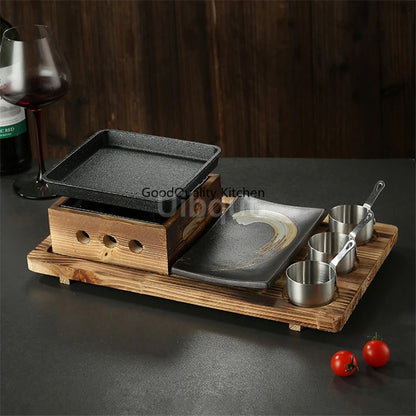 Dining room single and double tableware Cast iron barbecue plate Square alcohol oven baking tray Korean style barbecue stove set