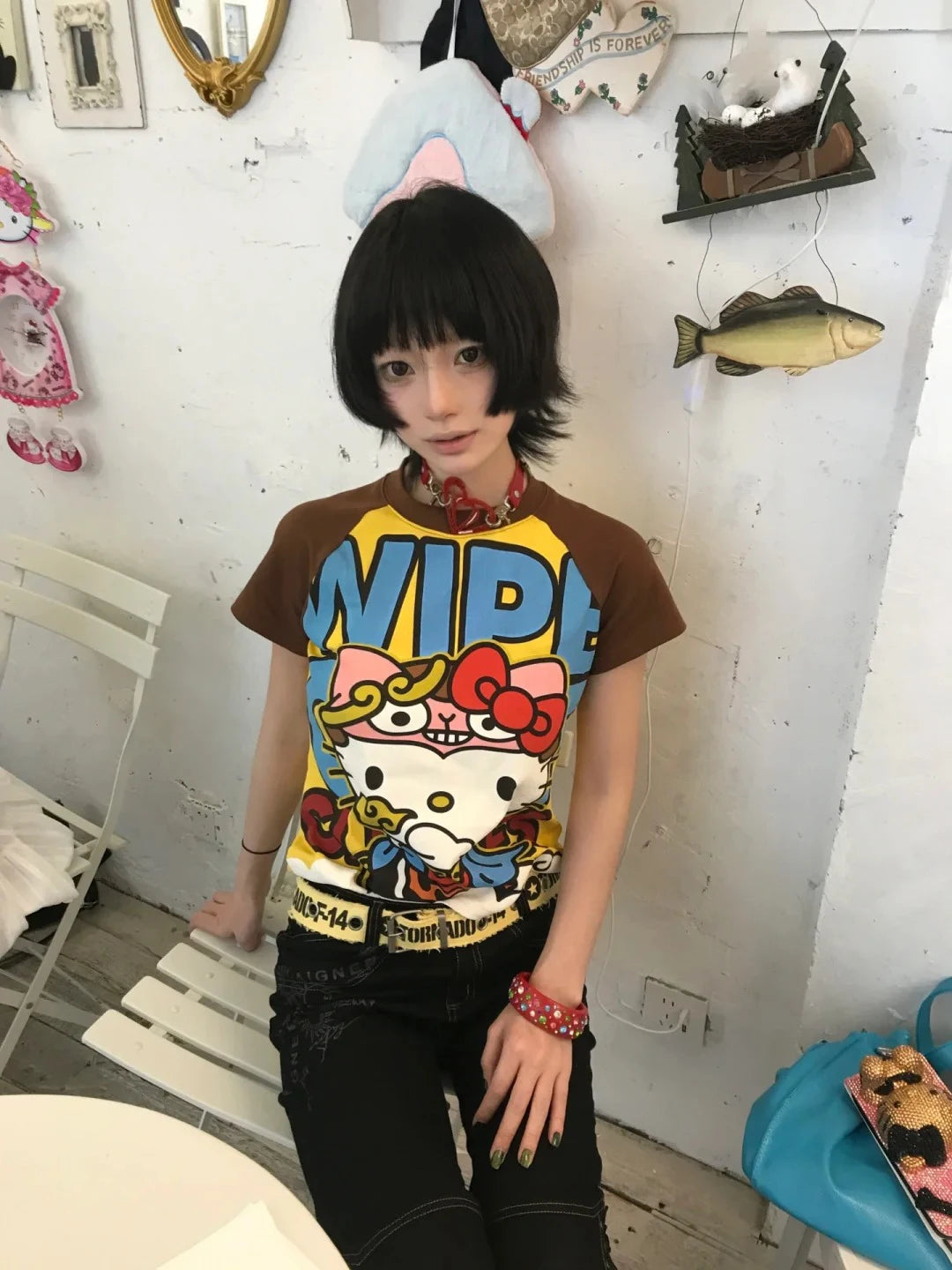 Sanrio Hello Kitty New Anime Fashion Short Tops Y2k Summer Cute Tees Cartoon Printed High Street Gothic Short Sleeve T-shirts