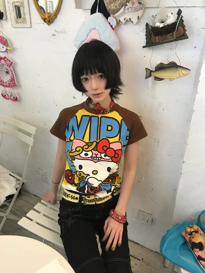 Sanrio Hello Kitty New Anime Fashion Short Tops Y2k Summer Cute Tees Cartoon Printed High Street Gothic Short Sleeve T-shirts