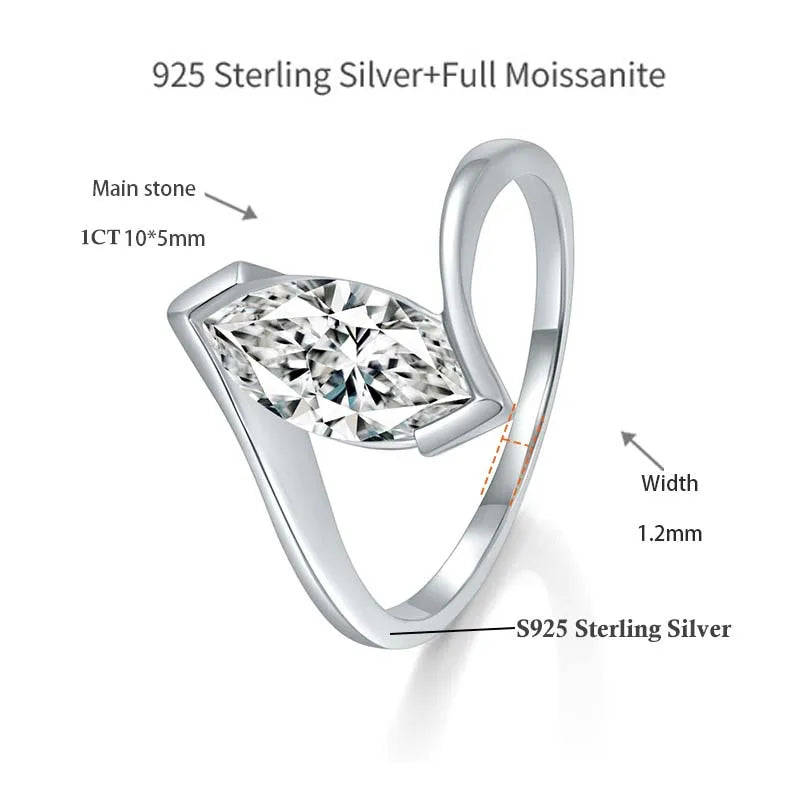 1 CT Marquise Cut Moissanite Rings for Women D Color Lab Diamond S925 Silver Plate 18K Gold Wedding Finger Band GRA Fine Jewelry
