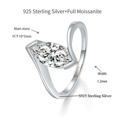 1 CT Marquise Cut Moissanite Rings for Women D Color Lab Diamond S925 Silver Plate 18K Gold Wedding Finger Band GRA Fine Jewelry