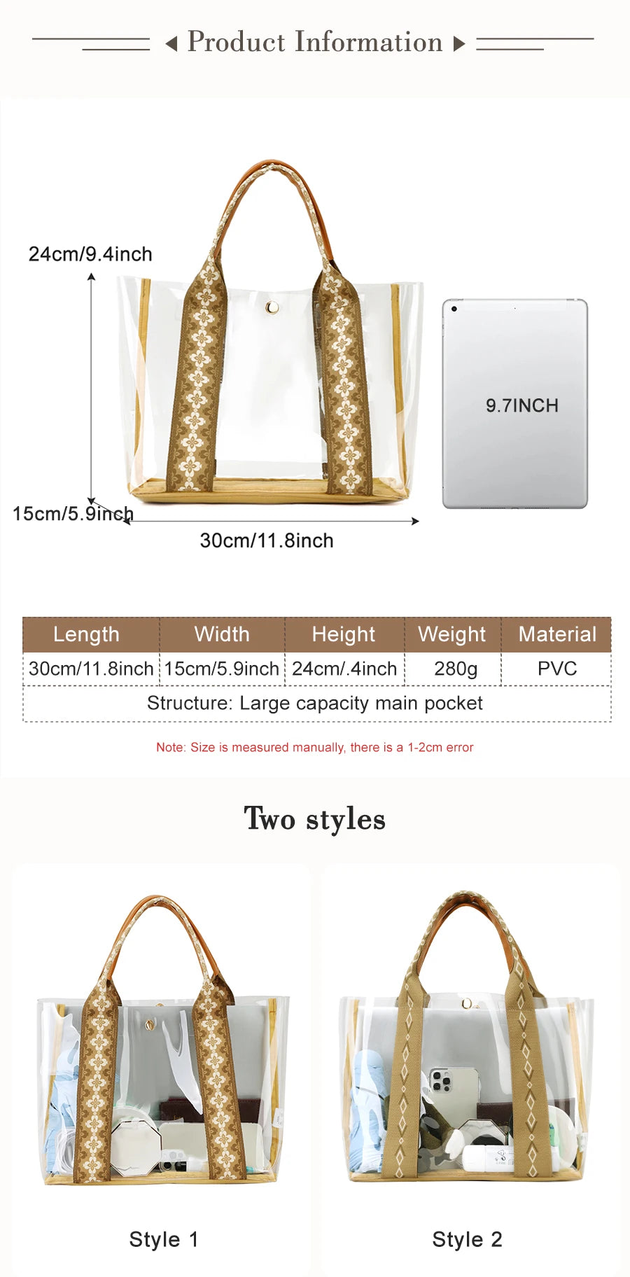 TINYAT Khaki Bohemian Style Clear PVC Tote Bag for Women, Transparent Shopper Clutch Purse for Daily Use and Music Festivals