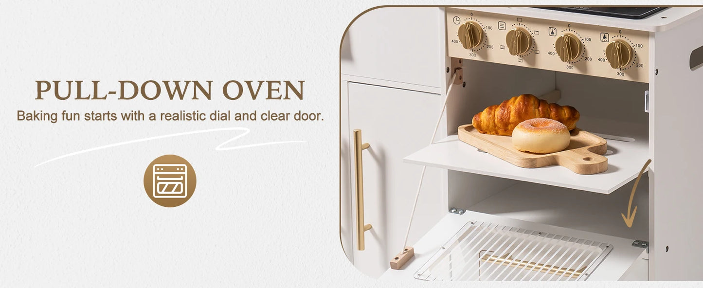 ROBOTIME Wooden Play Kitchen Toy Kitchen Set with Ice Maker and Coffee Machine Realistic Kitchen Set Gift for Toddlers