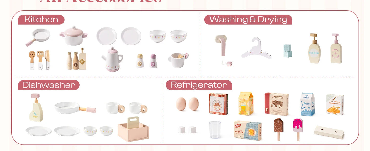 Robotime Robud Kids Corner Kitchen Playset Wooden Play Kitchen Set with Realistic Sound Pretend Play Gift for Boys Girls Pink