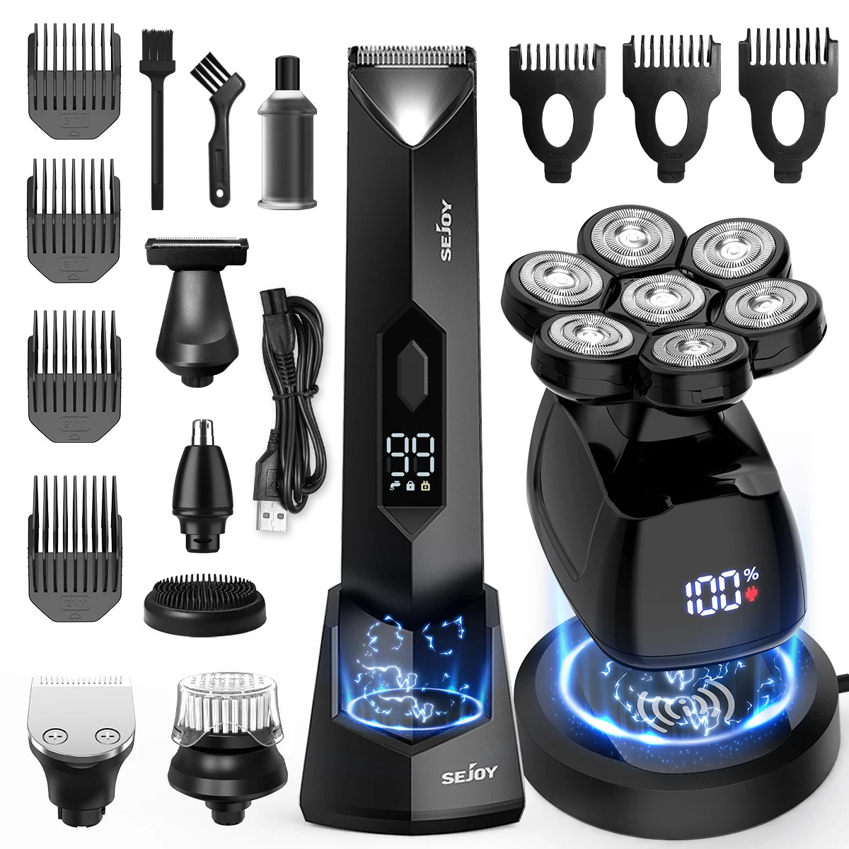 Sejoy Bald Men Hair Clippers Set Body Hair Shaving Machine Electric Head Shaver Facial Beard Trimmer Stainless Steel Blades