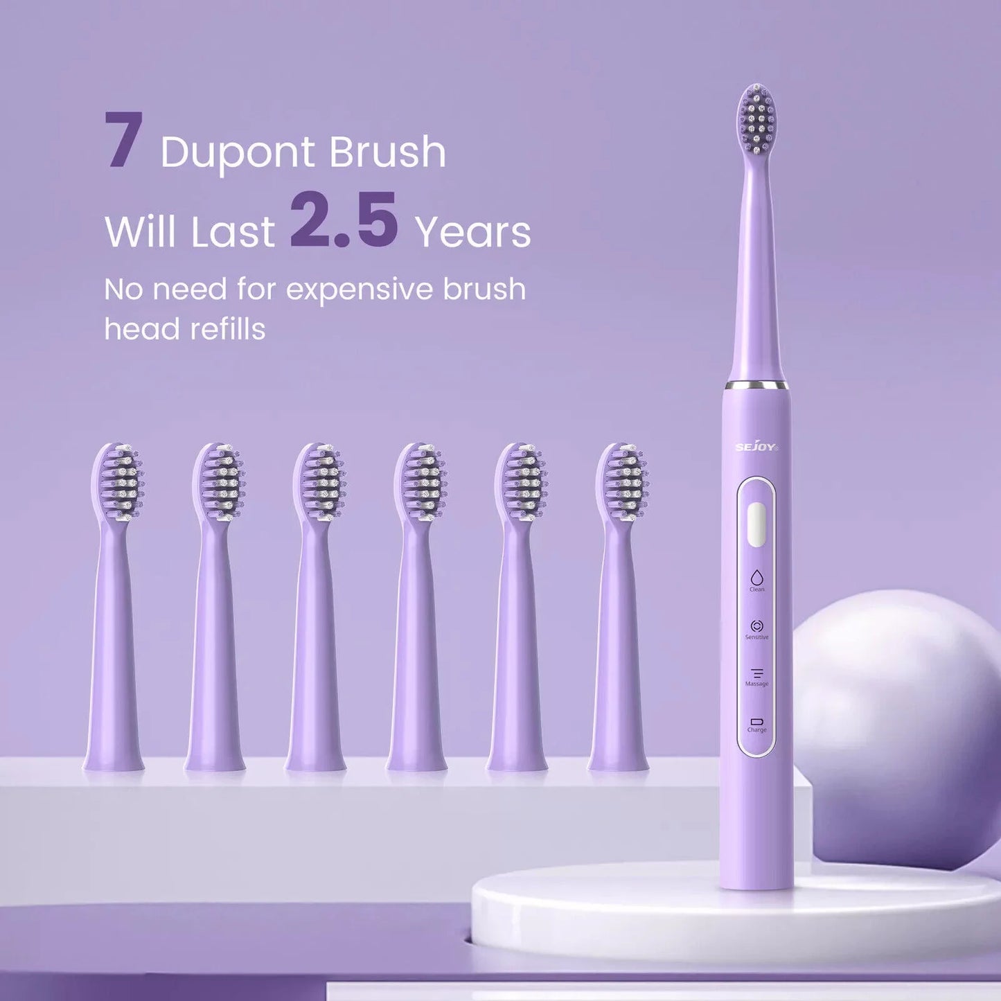 Sejoy Electric Toothbrush with 6 Heads 3 Cleaning Modes for Dental Care Smart Timer Rechargeable Sonic Toothbrush