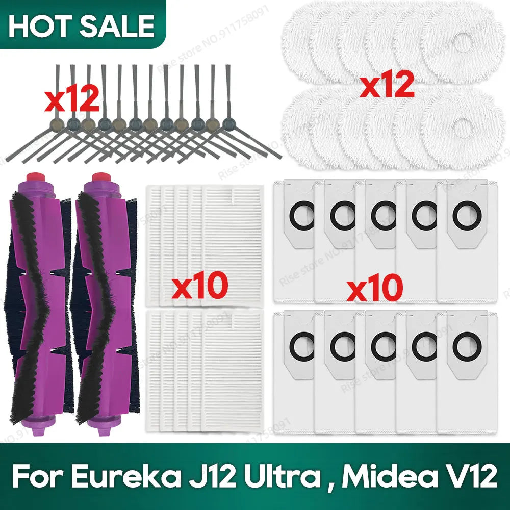 Compatible for Eureka J12 Ultra, Midea V12 Accessories Main Side Brush Hepa Filter Mop Rag Dust bag