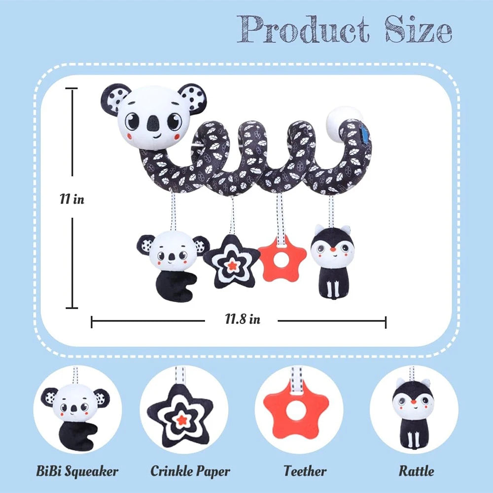 Newborns Spiral Hanging Activity Stroller Toy Baby Carseat Toy Black & White Lion Koala Rattle  for Crib Mobile Sensory Toy Gift