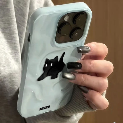 Cute Black Fuzzy Cat Shockproof Phone Case For iPhone 17Air 16 15 14 12 13 11 Pro Max Candy Color Wave Pattern Protective Cover