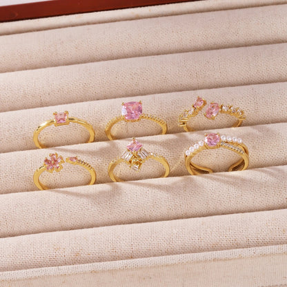 Pink Zircon Bow Heart Rings For Women Gold Plated 18K Plated Adjustable Heart Ring 2026 Trend Wedding Aesthetic Jewelry Gift