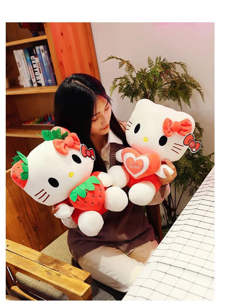 Kawaii Sanrio Hello Kitty Plush Stuffed Toy Strawberry KT Cat Pillow Doll Children's Birthday Gift Home Decoration Animal Doll