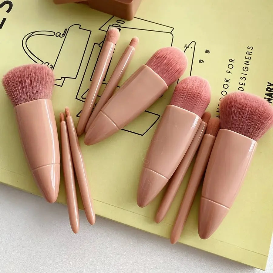 5pcs Mini Makeup Brush Set with Mirror - Multifunctional Travel Cosmetic Brushes, Unscented, Palm Brush Design Makeup Tools