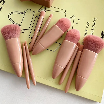 5pcs Mini Makeup Brush Set with Mirror - Multifunctional Travel Cosmetic Brushes, Unscented, Palm Brush Design Makeup Tools