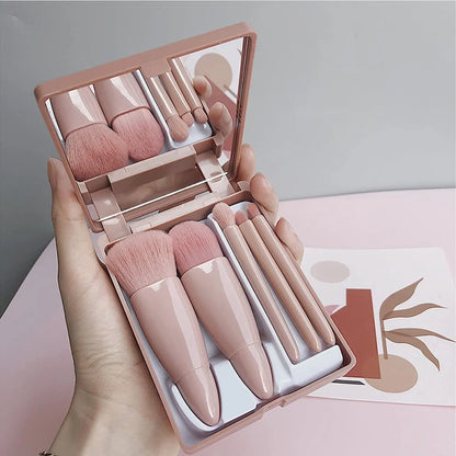5pcs Mini Makeup Brush Set with Mirror - Multifunctional Travel Cosmetic Brushes, Unscented, Palm Brush Design Makeup Tools