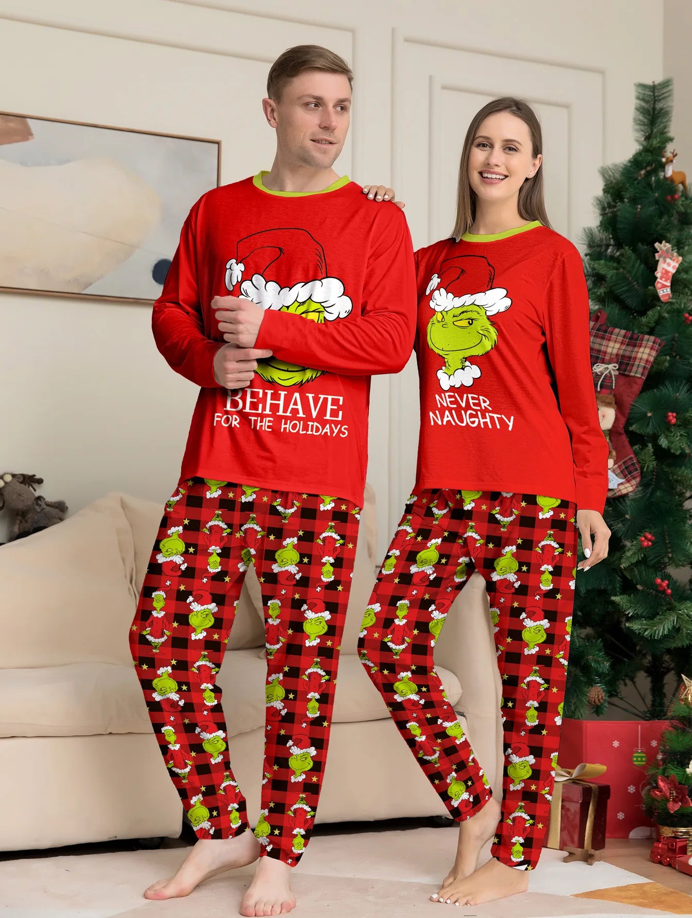 Christmas Family Matching Pajamas Set Little Monster Print Parent-child Outfits  Top+Stripe Pants Xmas Sleepwear Baby Jumpsuit