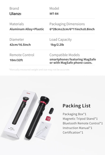 Ulanzi MT-84 1.53m Magnetic Tripod 360° Rotation Smartphone Extension Tripod for Selfie Live Streaming Vlog 10m Remote Control