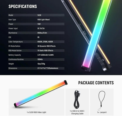 NEEWER Basics 21" Magnetic RGB Light Wand LED Handheld Video Tube Lighting Stick with  for Studio Photography Streaming
