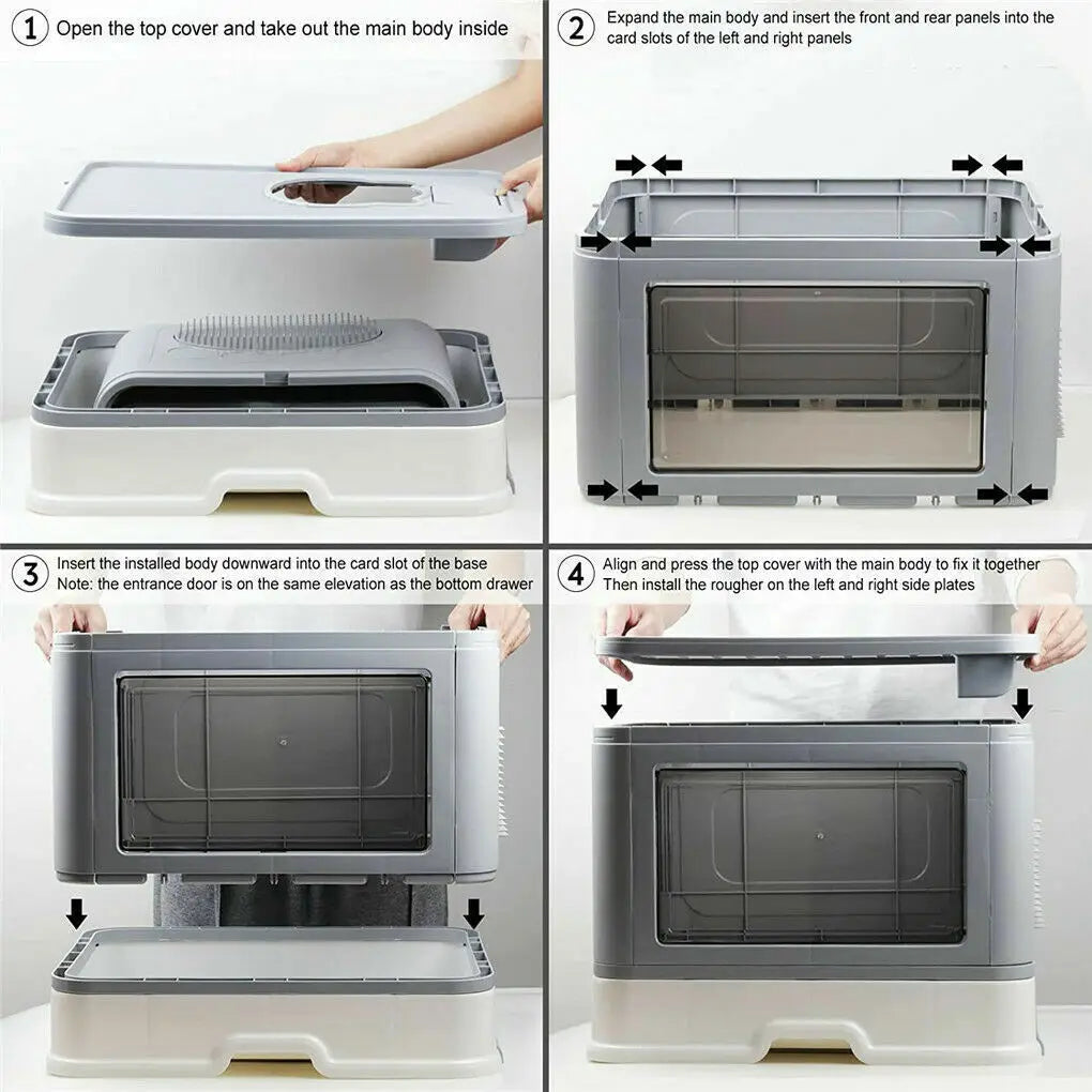Foldable Cat Litter Box Front Entry & Top Exit Toilet Boxes with Scoop Enclosed Kitty Toilet Tray Pan