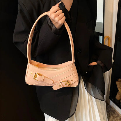MOJOYCE Small Belt Design Glossy Patent Leather Shoulder Bags Women Luxury Brand Tote Handbag Y2K Underarm Bag with Inner Pocket