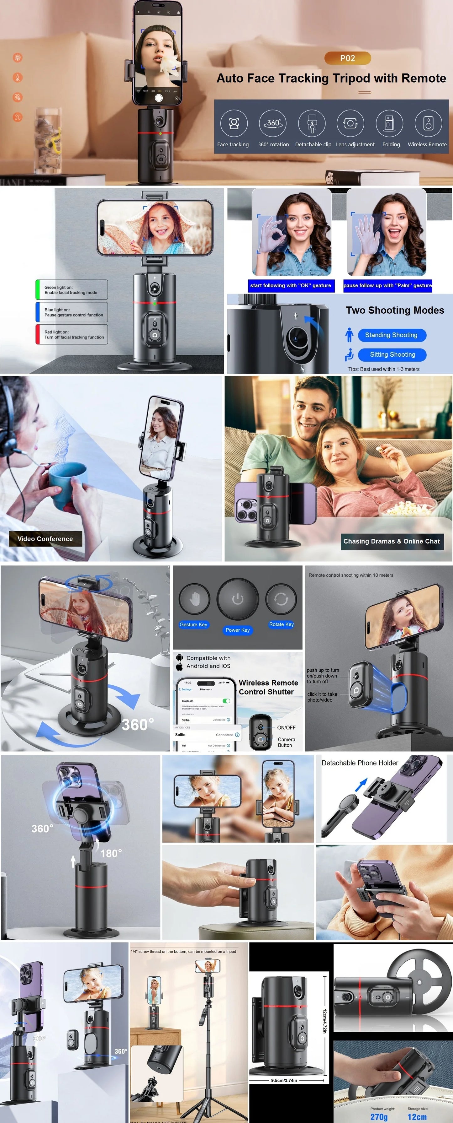 Auto Face Tracking Tripod 360° Rotation, Auto Tracking Phone Holder Remote Moving Tripod for Live Video Vlog