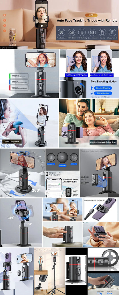 Auto Face Tracking Tripod 360° Rotation, Auto Tracking Phone Holder Remote Moving Tripod for Live Video Vlog