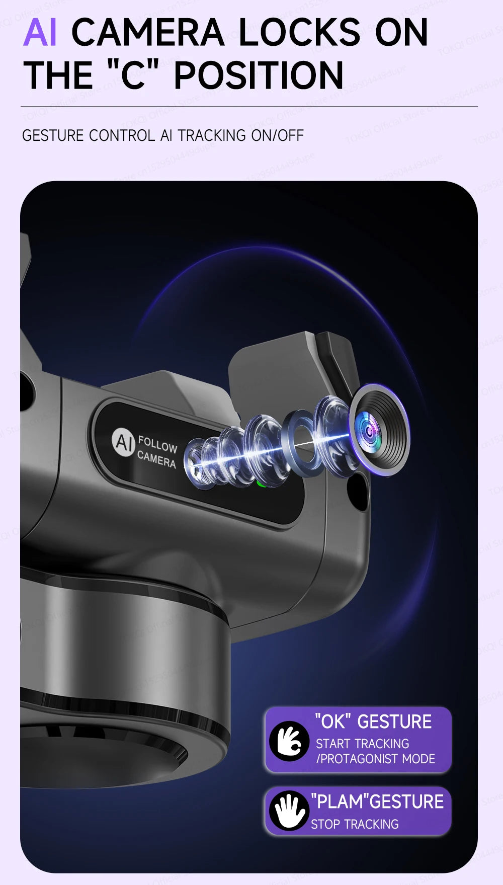 C22 AI Face Tracking Handheld Gimbal Stabiliser 360° Rotation Shoot Selfie Stick Tripod for Mobile Phone, 1/4'' Screw for Camera