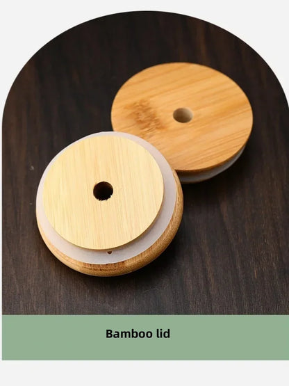 Glass Straw Cup with Dustproof Wooden Lid Heat-resisting Transparent Glass Bottle Breakfast Cola Milk Drinking Cups Holiday Gift