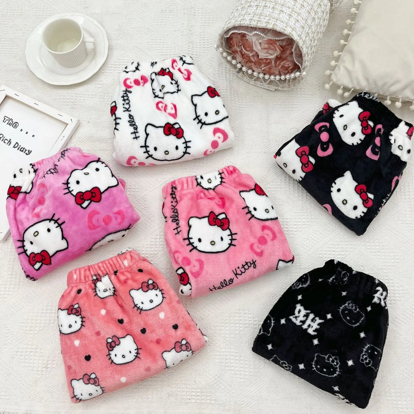 Halloween Cartoon Hello Kitty Flannel Pajamas Women's Autumn and Winter Plus Velvet Warm Casual Home Graffiti Pants