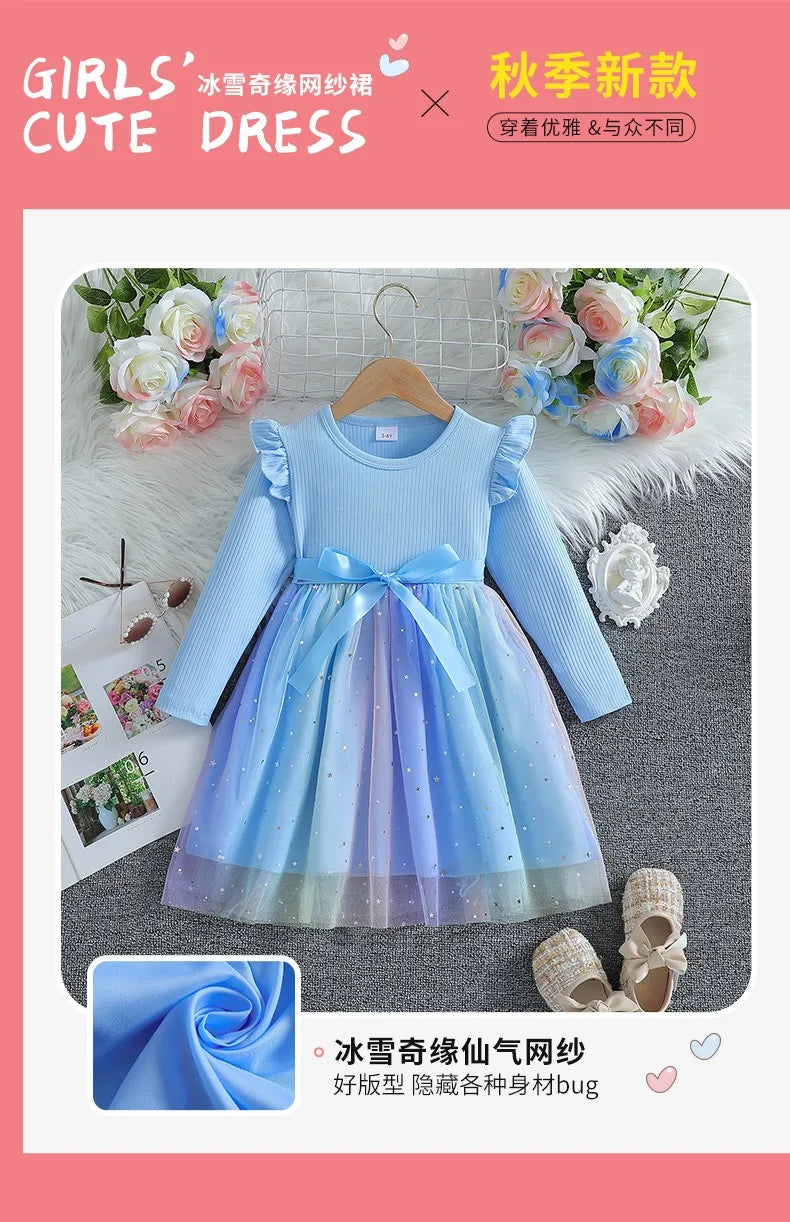 Girls Dress Blue Autumn Princess Dress Kids Clothes Birthday Party Dress Pink Long-sleeved for Children Fashion Rainbow 1-6Y