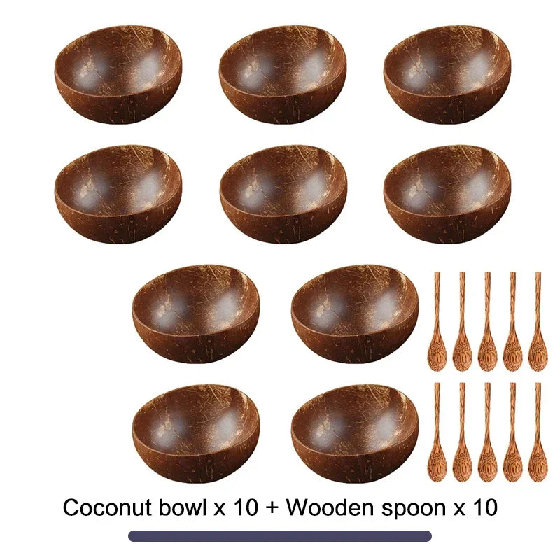 Natural Coconut Bowl Dinner Set for Women, Handmade Wooden Tableware, Wood Spoon, Dessert Fruit Salad, Mixing Rice Ramen Bowl, 1