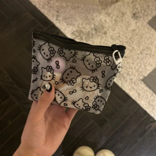 Sanrio Mesh Hello Kitty Black and White Pencil Case Zero Wallet Headphone Bag Girl's Portable Makeup Brush Storage Bag Gift