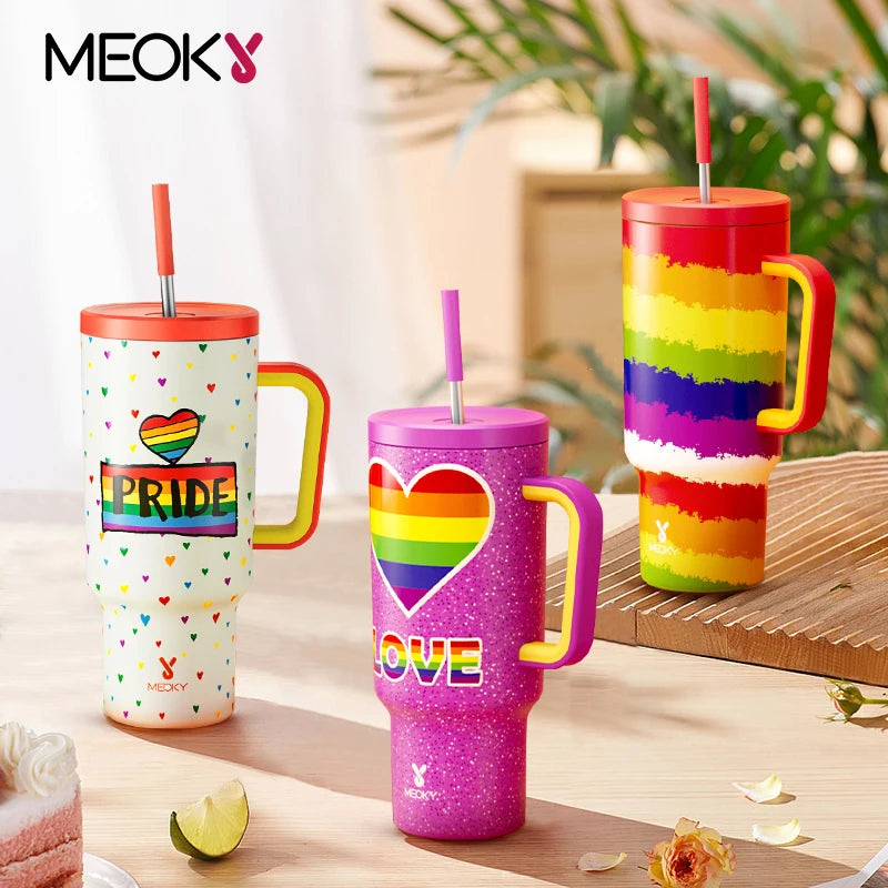 Meoky Cup 40oz Large Tumbler Straw Cup with Lid leak-proof Sainless Steel Vacuum Insulated Car Mug Water Bottle Pride Month