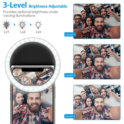 USB Rechargeable LED Selfie Ring Light with Phone Clip Photo Lamps Video Light Photography Ringlight for iPhone Samsung Xiaomi