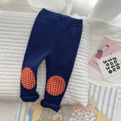Kids Colorful Plaid Patched Feature Design Cute Warm Long Leggings Suitable Little Baby Trendy and Comfortable Clothing Matching