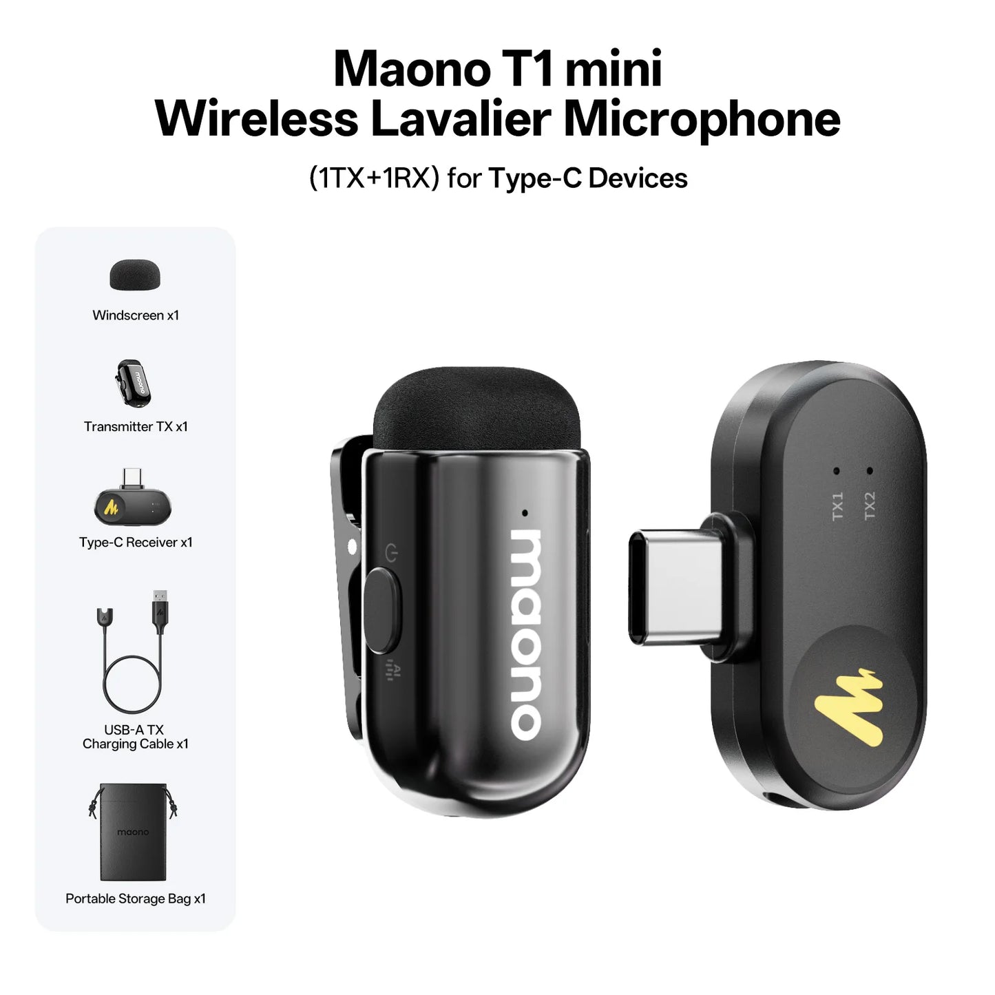 MAONO Wave T1 mini Wireless Lavalier Microphone Mini Lapel Mic for iPhone Android PC AI Noise Cancellation for Video Recording