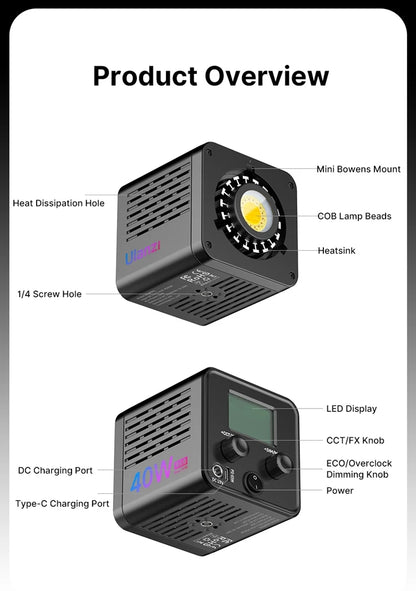 Ulanzi 40W Video Light COB Continuous Lighting Bowens Mount for Studio Video Tiktok Youtube Professional Led light photography