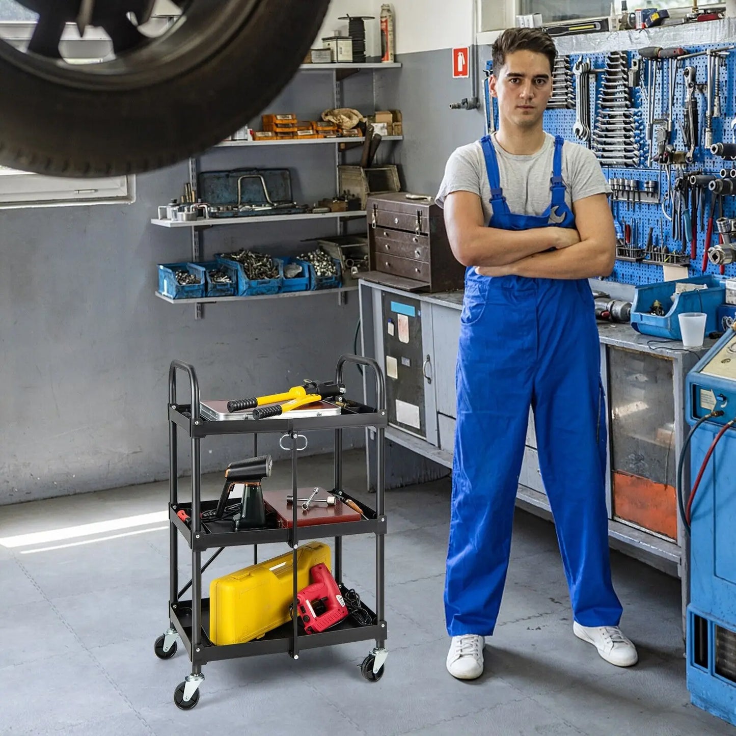 ERGOMASTER 3-Tier Folding Storage Trolley Heavy Duty Tool Cart Rolling Storage Organizer