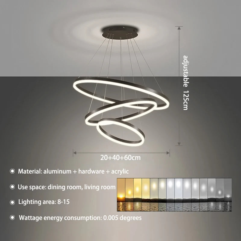 KOMORE Modern 3 Ring Aluminum Round Hanging LED Pendant Light Stepless Dimming & Cool White for Kitchen Living Room Hallway