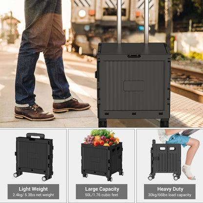 Folding Utility Cart Portable 360° Rolling Wheels Telescopic Handle Trolley Collapsible Shopping Box with Lid for Camping Office