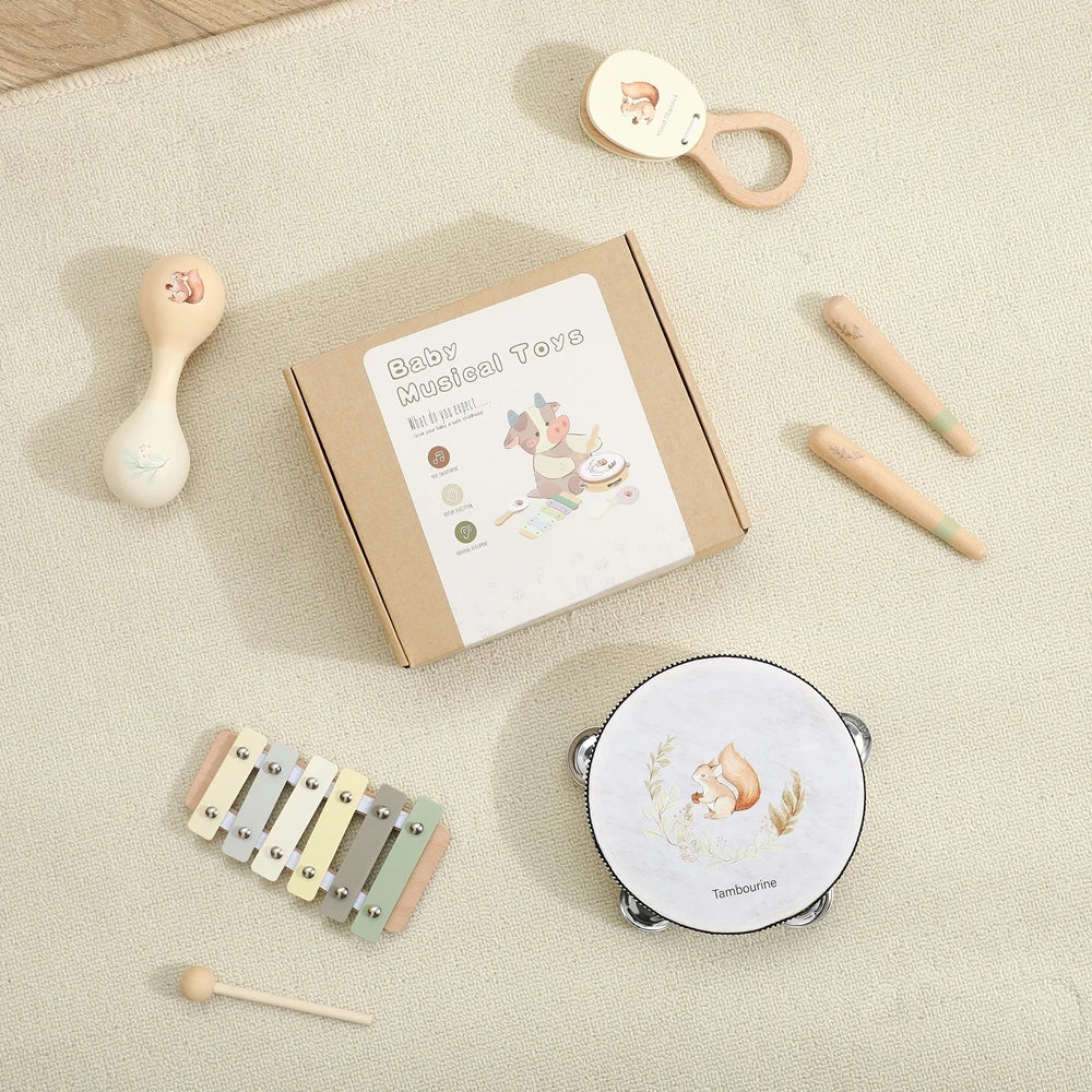 Music Toys Baby Wooden Montessori Toys Children Music Instrument Squirrel Maracas Drum Xylophone Early Education Sensor Toys Set