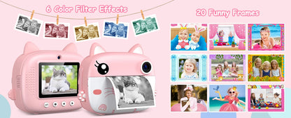 Kids Instant Print Camera 2.4 Inch 1080P Digital Camera Portable Cartoon Video Camera With 32GB Card & 5 Color Pens