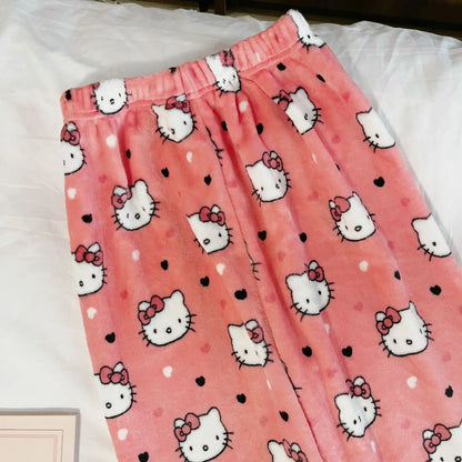 Halloween Cartoon Hello Kitty Flannel Pajamas Women's Autumn and Winter Plus Velvet Warm Casual Home Graffiti Pants