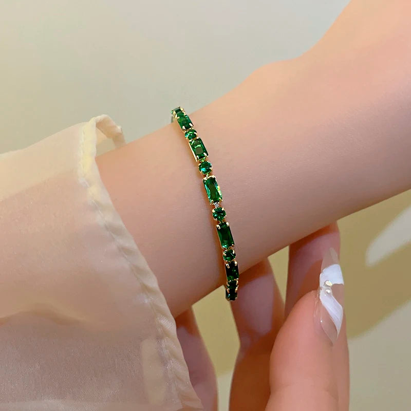 French Luxury Green Zircon Spliced Metal Copper Alloy Bracelet 2024 New Fashion Jewelry For Womens Party Charm Wrist Accessories