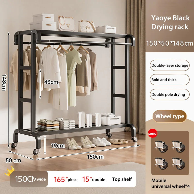 Movable Coat Rack With Universal Wheels Multifunctional Double-deck Simple Clothes Hanger Floor-Standing Bedroom Wardrobe
