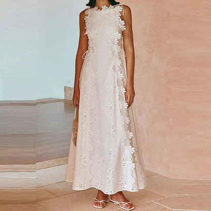 Elegant Hollow Out Floral Bandage Party Dress New Solid Color Lace Embroidery Evening Dress Trendy Sleeveless Women White Dress