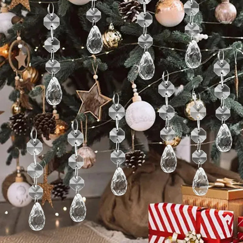 5-48Pcs Christmas Ornaments Crystal Tree Decorations Transparent Ice Strip Pendant DIY Teardrop Chandelier Xmas Wedding Beads