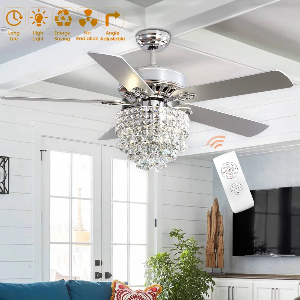 KOMORE  Modern 52 Inch Crystal 3-Light Ceiling Fan with Remote, 5 Blades for Office, Living Room, Bedroom